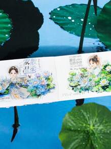 1 Rollo de cinta adhesiva con estampado de loto recortado, cinta adhesiva con pegatinas de plantas frescas para planificadores, serie de estanque de lotos de verano