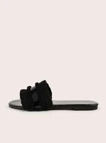 Black Shiny Fuzzy Ball & Tassel Decor Boho, Vacation Style Women Flat Sandals, Random Length & Quantity Of Fuzzy Balls & Tassels,Spring Summer Outfits - Black - View 4