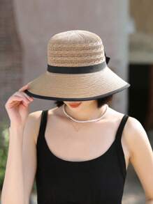 1 件女士夏季太阳帽，宽边，时尚蝴蝶结装饰，简单百搭，适合夏季防晒