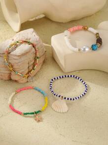 4 件装女士波西米亚风格海滩元素玻璃珠、海星、贝壳、水晶球吊坠手链套装 - 彩色 - 查看 4