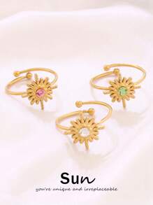 1 pieza Anillo abierto de mujer de acero inoxidable con circonita, diseño simple y asimétrico, anillo ajustable exquisito de joyería femenina - anillo - Ver 1