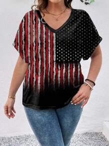 大码女式国旗印花 V 领蝙蝠袖休闲 T 恤