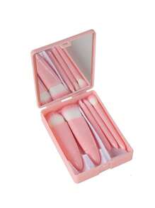 طقم فرش مكياج مع مرآة مضغوطة، طقم فرش مكياج للسفر مكون من 5 قطع، تشمل فرشاة ظلال العيون وفرشاة البودرة وفرشاة الأساس