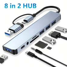 Hub USB de 8 en 2 que ahorra espacio con conector de audio, adaptador multipuerto para tabletas, alimentado por USB, voltaje de funcionamiento de 5V, compatible con tabletas