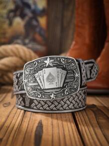 1pc Boho Western Cowboy Style Poker Embossed Metal Buckle Vintage Dark Brown PU Leather Belt Summer, School Casual, Business, Boyfriend Husband Father Dad Men Gift, Daily Wear, Fashion, Teen, Outdoor, Vacation, Athletic, Travel, Street, Boho, Vintage Fall, Autumn, Halloween Autumn-Winter Accessories,Suitable For Teens, Youth,Men,Casual, Outdoor, Athletic, Vacation, Graduation Gifts, Birthday, Daily Wear - As Shown - View 3