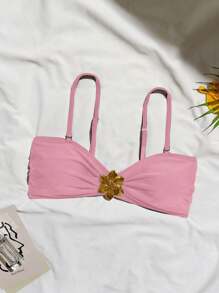 Women's Sexy Solid Color Halter Bikini Top With Knot, Perfect For Beach And Summer Sexy Solid Color Bandeau Bikini Top With Metal Flower Decor, For Swimming Pool & Beach, For Summer Vacation,Removable Swimwear Pads,Holiday Outfits,Beach,Summer Tops,Summer Outfits,Festival,Ibiza Outfits,Swimwear Women,Bikini,Swimming Costume Women,Beach Wear Women,Swimsuit,Vacation Outfits,Summer Top - Baby Pink - View 4