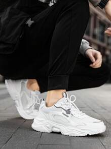 Men's Black & Grey Leather Mesh Patchwork Design Comfortable Breathable Sneakers, Fashionable Casual Outdoor Sports Shoes