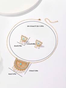3pcs/Set Vintage Ramadan Copper Inlaid Zirconia Hollow Flower Tassel Necklace & Earrings Jewelry Set For Women