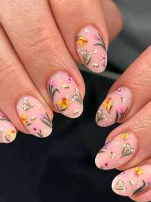 24 片蜜蜂图案杏仁按压指甲粉色花朵蜜蜂采蜜春季旅行短杏仁假指甲 Y2K 田园风格植物指甲带果冻胶 1 片锉刀条指甲用品指甲