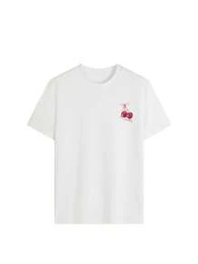 Women's Summer Letter Cherry Print Pattern Round Neck T-Shirt For Vacation Wear Graphic Tees Women White Top Black Top Pink Top Vacation Outfits Women
