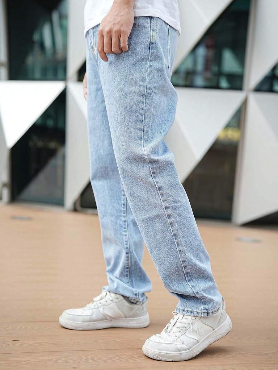 Vaqueros rectos casuales para chicos adolescentes, de moda y cómodos - Lavado ligero - Ver 1