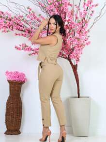 Women's Formal Set Cropped Trousers With Tie - Màu be - Xem 2