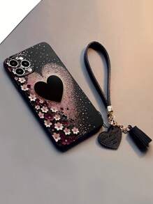 1pc Perforated Edgy Floral & Heart Decorative Thickened Shockproof Painted Phone Case With Detachable PU Leather Heart Wrist Strap, DIY Phone Case Accessory, Leather Tassel Pendant Wristband Compatible With IPhone Galaxy Redmi Waterproof Anti-Fall Scratch Resistant