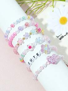 6pcs/Set Kids Flower Heart Word Beaded Bracelet Set, Random Colors