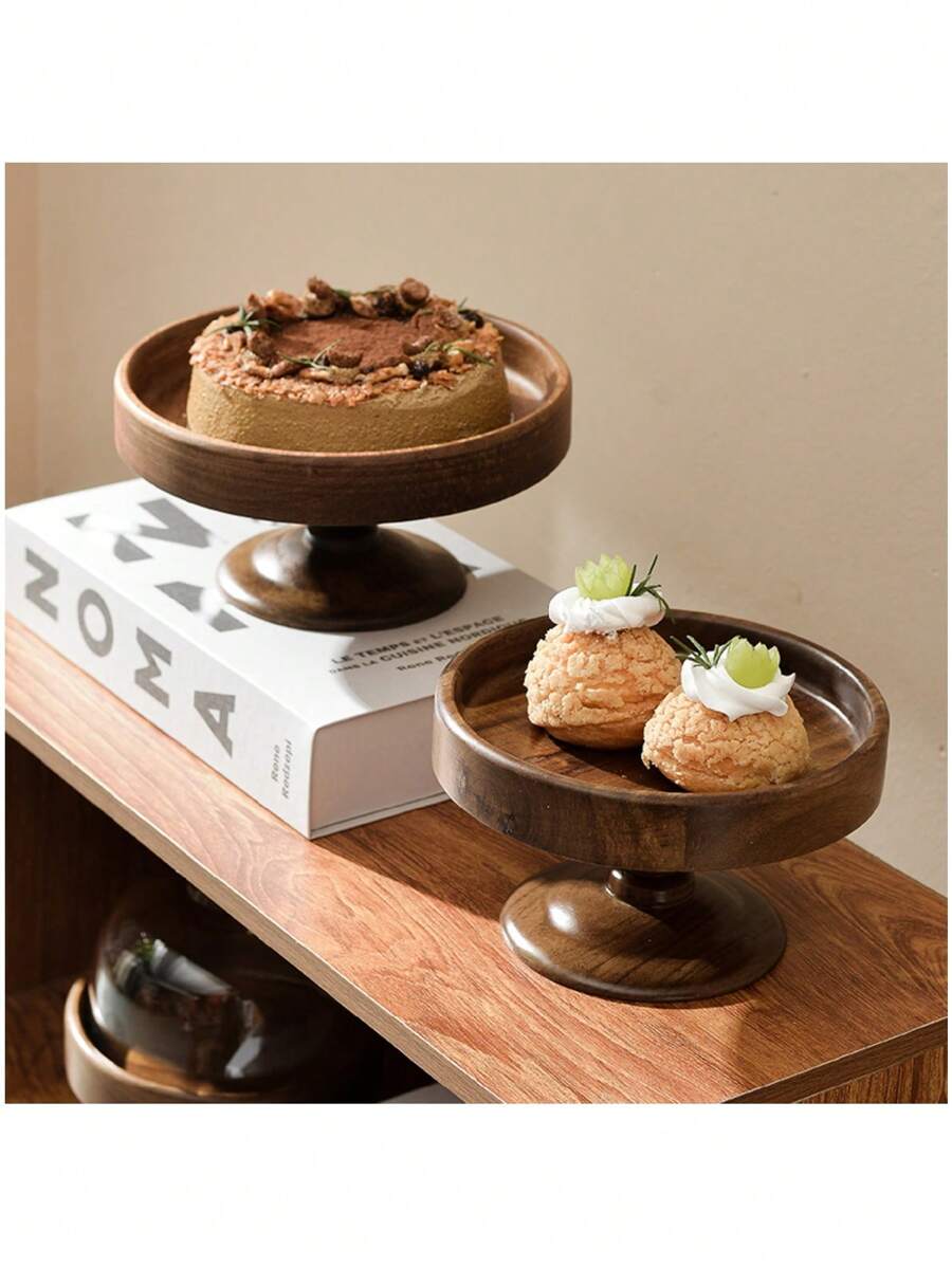1pc Elevated Wooden Cake Stand, Bread & Pastry Display Tray - Walnut - View 1