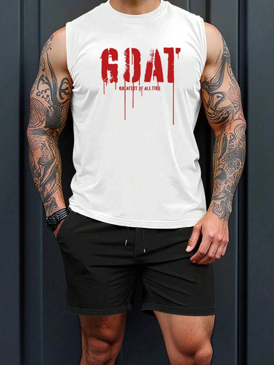 男士加大码休闲上衣短裤套装，夏季宽松无袖衬衫+运动短裤，简约字母印花百搭套装