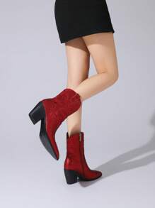 Women's Rhinestone Western Cowboy Boots Fashion Chunky Heel Pointed Toe Glitter Ankle Boots For Outdoor Party,Side Zipper Comfortable Rhinestone Short Boots - Red - View 4