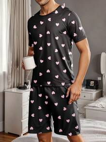 Men's Sleepwear Set, Heart Print Design, Pink - Black - View 9