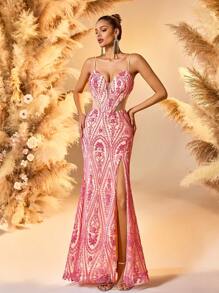 2025 Metallic Pink Satin Evening Gown With 3D Floral Embroidery Deep V-Neck High-Slit Floor-Length Dress, Carpet Glam Celebrity Style Formal Gown, Party Dress, Wedding Guest Dress, Prom Dress - Pink - View 3