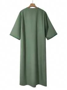 Men's Moroccan Style Short Sleeve Embroidered Robe With Side Pockets, Islamic Men's Casual Loungewear Robe, Ramadan Robe For Men - Olive Green - View 3