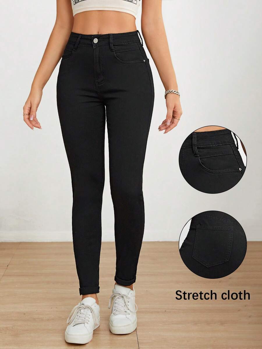 女士休闲高弹力修身长款牛仔裤，带纽扣、拉链和口袋细节