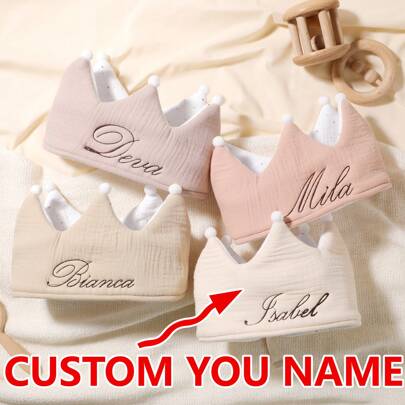 1pc Personalized Name Embroidery Crown Hat, Solid Color Printing Birthday Growing Memory Gift For Baby Boy, Baby Girl, Party, Holiday,Multi-Functional,Ornamental,Letter,Solid Color,Exquisite,Colorful,Cute,Adorable,Casual,Custom,Personalised,Unique,Customized,Baby Gifts,Ideal Gifts For Him,Ideal Gifts For Her,Son,Daughter,Customized Baby Bibs,Easy Comfort,Baby,Looks Of Party,Soft, Adjustable, Stain & Leakage Resistant Bibs, Personalized Gifts For Baby Boys & Girls,Baby Accessories