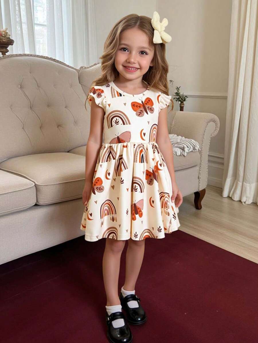 年轻女孩休闲彩虹蝴蝶印花无袖圆领连衣裙，适合日常休闲、旅行、派对、户外穿着、夏季