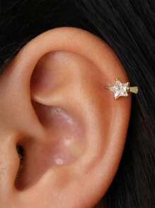 1pc 925 Sterling Silver Diamond Star Shaped Cartilage Earring, Golden Starry Sky Ear Cuff Earring, Suitable For Women's Daily Wear (Sold Individually, Not A Pair) - Star Earrings - View 2