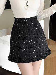 波尔卡圆点荷叶边下摆 A 字迷你裙，修身黑色紧身裙，女式，春夏 - 黑色 - 查看 3