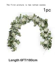 1pc 6FT Artificial Eucalyptus Garland With Flowers, 10 White Roses Baby Breath Garland Floral. Faux Floral Garland Greenery Garland For Wedding Spring Home Party Craft Art Table Runner Decor Fall Decor Table Decoration
