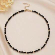 1 件女士黑色玻璃水晶和金色珠子颈链，简约精致串珠项链，适合少女学院风珠宝