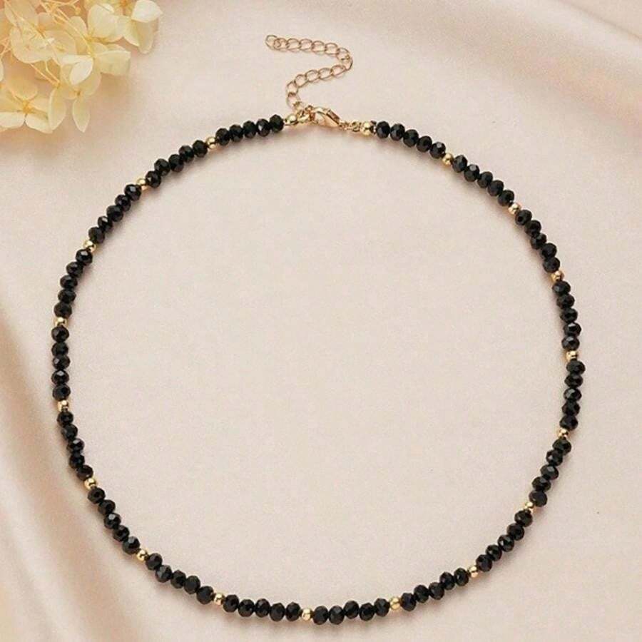 1 件女士黑色玻璃水晶和金色珠子颈链，简约精致串珠项链，适合少女学院风珠宝