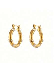 1 paire de boucles d'oreilles créoles de luxe en acier inoxydable plaqué or 18 carats avec perle, boucles d'oreilles en cubic zirconia coloré, conviennent pour le travail, les rendez-vous, les fêtes