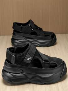 1 Pair Pure Black Closed-Toe Mesh Sandals, Breathable Comfortable Thick Sole Soft Elastic Hook And Loop - Black - View 2
