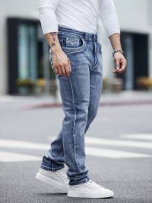 ESDVQ Men's Slim Fit Embroidered Pocket Stretch Straight-Leg Jeans - Light Wash - View 4