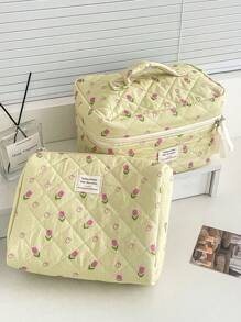 Bolsa de maquillaje de tela suave con patrón floral sobre fondo amarillo, con cierre de cremallera. Bolsa de almacenamiento linda para cosméticos, artículos de tocador, uso doméstico, viajes y mujeres