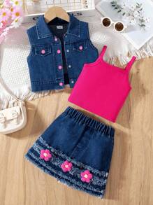 3 件套年轻女孩可爱时尚休闲水洗蓝牛仔背心 + 水洗蓝牛仔迷你裙（带磨损下摆）和粉色针织吊带上衣，复古风格和迷人的春夏装 - 玫紅色 - 查看 2