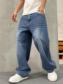 HEHCN 男士口袋阔腿宽松牛仔裤，蓝色休闲街头风格裤，适合送给丈夫或男朋友 - 藍色 - 查看 4