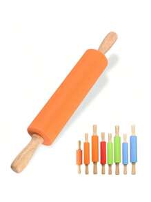 1pc Silicone Rolling Pin With Wooden Handle, Non-Stick Dough Roller