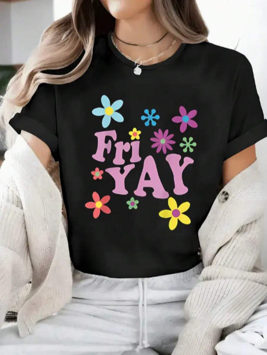 Camiseta Feminina Fri-yay Flores Blusa Estilo Over 100% algodão malha 30.1 - Preto - Visão 1