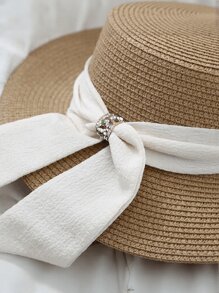 1pc Women's Wide Brim Flat Top Hat With Bowknot Decor, White Color Sun Hat Beach Hat - Hat - View 6