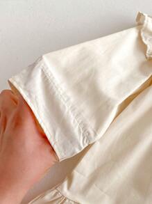 1 件装女童褶皱下摆刺绣领公主裙，休闲舒适长袖，适合春夏季