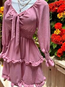 SHORT DRESS WITH LONG SLEEVES AND SPRING, COUNTRY STYLE, DOUBLE Ruffle, CEY FABRIC. MOD. ELSIE - Pink - View 7