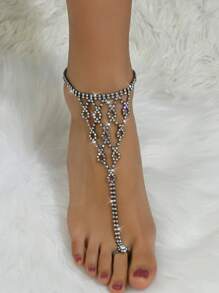 Luxurious Rhinestone Heart Shaped Anklet, Sexy Fashion Jewelry, Toe Ring Anklet For Women, Wedding, Beach Party, Special Occasion