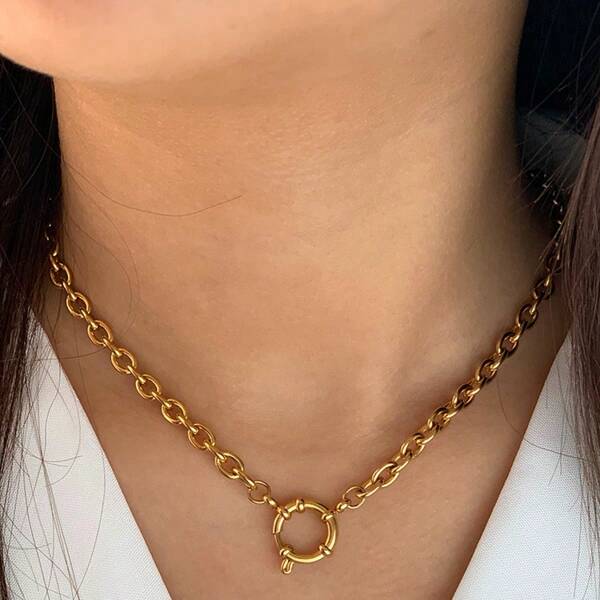 1pc Women Stainless Steel Gold-Tone O-Shape Chain Necklace With Lobster Clasp