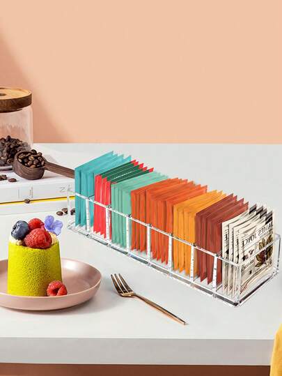 1pc Clear Tea Bag Organizer,Desktop Tea Bag Coffee Divided Storage Box,Reusable Acrylic Tea Box For Coffee Station, Cabinet, Pantry, Countertop, Office, Kitchen,Cosmetic Box. Back To School