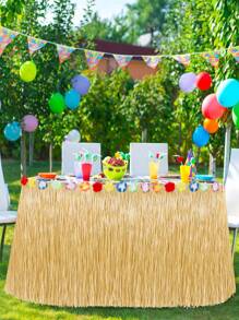 78.7inch Grass Color Grass Table Skirts, Hawaiian Party Grass Table Skirts, Natural Grass Table Skirts, Grass Yellow With Hibiscus Flowers, Hawaiian Party Tropical Party Decorations, Tassel Party Decorations, Summer Hawaiian Theme Party Supplies - Khaki - View 4