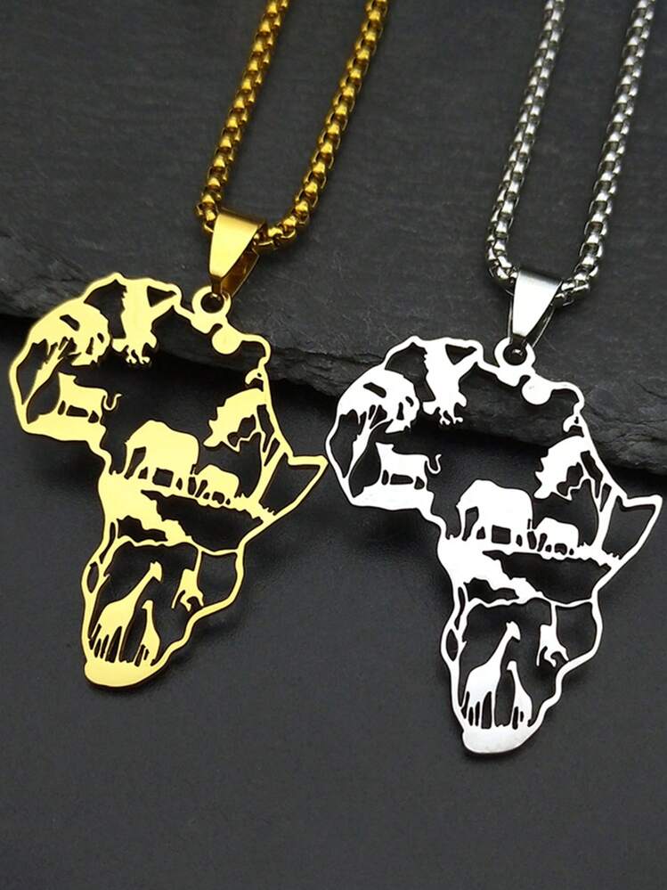 不锈钢镂空非洲地图房屋吊坠项链，男女通用，金色/银色可选 - 項鍊 - 查看 6
