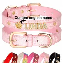 Individuell gestaltetes glitzerndes Strass-Buchstaben Design Haustierhalsband, verstellbares Leder-Identifikations-Hundehalsband für kleine bis mittlere Hunde, Anti-Verlust