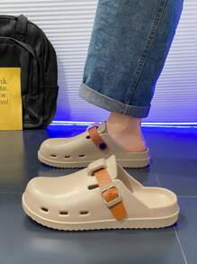 男士纯色一脚蹬凉鞋，时尚扣环设计，防滑百搭沙滩拖鞋，适合户外活动和日常穿着